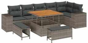 Sofá de Jardim de 9 Peças com Almofadas em Rattan Sintético Cinza e Ac
