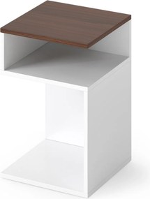 Mesa de cabeceira 33 x 33 x 50 cm em forma de S com 2 compartimentos abertos branca e cor nogueira