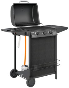Outsunny Barbecue a Gás com 3+1 Queimadores 9,5 kW Termómetro Grelha Recolhedor de Gordura e 2 Rodas 108x54x97 cm Preto