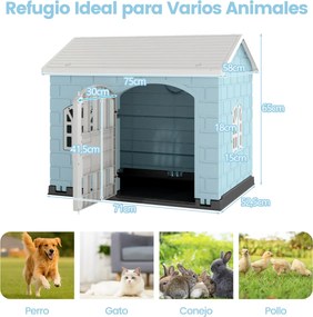 Casota de plástico para cães com 3 janelas e porta com fechadura, telhado inclinado, para interior e exterior, 75 x 58 x 65 cm, Azul Claro