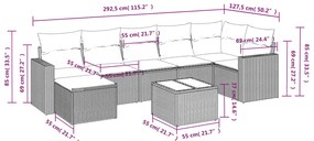 8 pcs conj. sofás jardim c/ almofadões vime PE cinzento-claro