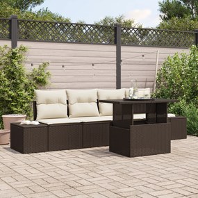 Conjunto de Sofá de Jardim com 5 Peças e Almofadas Castanho em Rattan