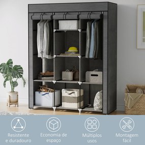 Guarda Roupa de Tecido Dobrável com 8 Prateleiras de Armazenamento e 2 Barras de Pendurar 125x43x162,5 cm Cinzento