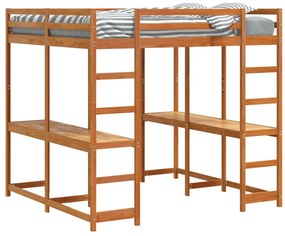 Cama alta com secretária e escada pinho maciço castanho-mel