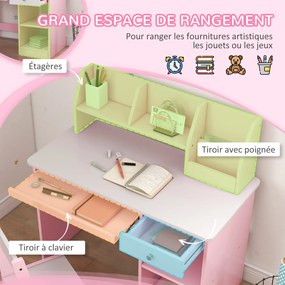 Secretária infantil com cadeira ergonómica, tabuleiro deslizante para teclado, gavetas, compartimentos abertos e prateleiras abertas, 90 x 45 x 90 cm,