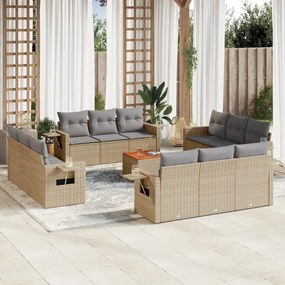 vidaXL 13 pcs conj. sofás jardim c/ almofadões vime PE bege misturado