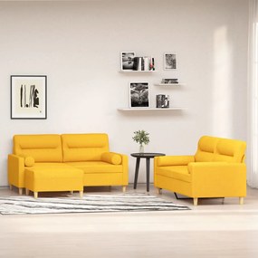 vidaXL 3 pcs conjunto de sofás c/ almofadões tecido amarelo-claro