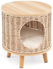 Casa para gatos de interior com estrutura em rattan respirável, pés em madeira de borracha, parte superior em MDF e almofada removível bege