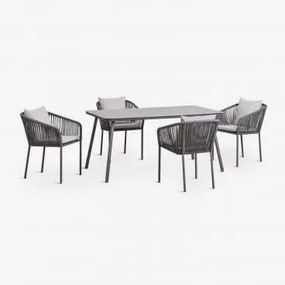 Conjunto De Mesa Retangular 160x90 Cm E 4 Cadeiras De Jantar Em Corda Trançada Arhiza Classic Cinza Grafito - Sklum