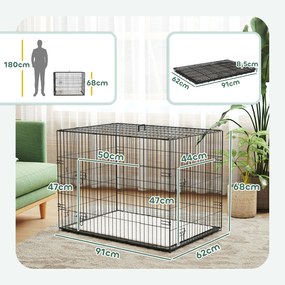 Gaiola de transporte dobrável para cães com pega, tabuleiro removível e almofada incluída – 90 x 57,5 x 62 cm – preta