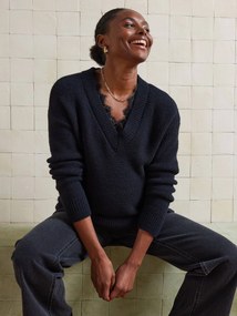 Camisola com decote em V malha macia e renda, de grávida preto