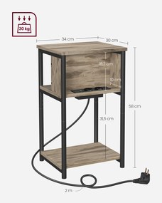 Mesa apoio, mesa de cabeçeira com 2 tomadas eléctricas e 2 portas USB castanho avelã e preto