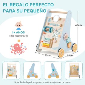 Andarilho de madeira para bebés Centro de atividades de aprendizagem para empurrar e puxar azul