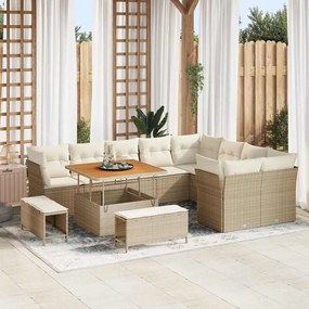 vidaXL Conjunto de Sofá de Jardim de 12 Peças com Almofadas Bege Polirattan Acácia