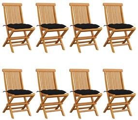 vidaXL Cadeiras de jardim c/ almofadões pretos 8 pcs teca maciça