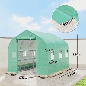 Estufa tipo túnel de 6 m², 198 L x 293 P x 194 A cm com prateleiras, porta e 6 janelas, estrutura em aço galvanizado, verde