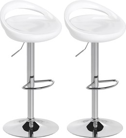 Conjunto de 2 bancos de bar com altura ajustável, encosto e apoio para os pés, giratórios a 360°, 46x41x76-96 cm, branco