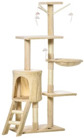 PawHut Arranhador para Gatos de 134,2 cm com Caverna Plataformas Rato de Brinquedo Rede e Postes de Sisal 50x35x134,2 cm Bege
