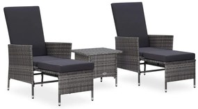 3 pcs conjunto lounge de jardim c/ almofadões vime PE cinzento