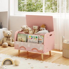 Estante organizadora de brinquedos em madeira 60 x 40 x 43 cm com tampa rebatível e dobradiça de segurança rosa