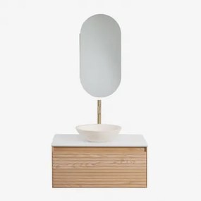 Conjunto De Móvel De Casa De Banho Suspenso 80x50 Cm Em Madeira De Freixo Tedrik Castanho Fresno & Cimento Redondo Branco Ø40 Cm Zavion & - Sklum