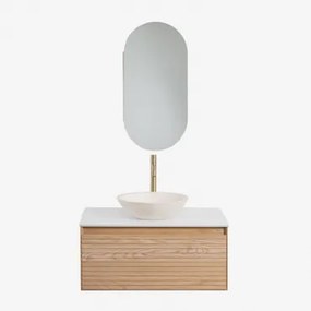 Conjunto De Móvel De Casa De Banho Suspenso Em Madeira De Freixo Tedrik Castanho Fresno & Cimento Redondo Branco Ø40 Cm Zavion & - Sklum