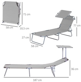 Espreguiçadeira de Jardim Dobrável com Toldo Removível e Ajustável e Encosto Ajustável em 4 Posições  187x58x36 cm Cinza Claro