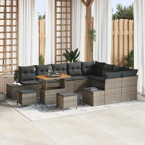 vidaXL Conjunto de sofá de jardim de 12 peças com almofadas cinzas em rattan poly e acácia.