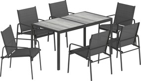 Outsunny Conjunto de Mobiliário para Jardim 150 x 80 cm Mesa com 6 Cadeiras Respiráveis Aparência de Madeira Estrutura em Aço Preto | Aosom Portugal