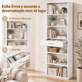 Estante para Livros Alta e Estreita, Estante de 7 Níveis com Gaveta, 6 Compartimentos Abertos, 60x24x182 cm, Branco