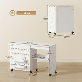 Mesa para Máquina de Costura Dobrável com Porta Magnética, 2 Compartimentos, Prateleira, 18 Suportes para Linhas, 5 Rodas, Branco