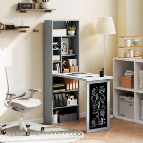 Secretária com arrumação dobrável, fixada à parede e rebatível, com estante, posto de trabalho, quadro de giz e prateleira ajustável