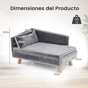 Cama elevada para animais de estimação 81 x 51 x 47 cm  com almofada e travesseiro removíveis, pernas de madeira e encosto alto Cinza
