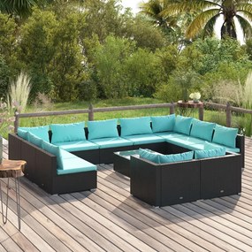 12 pcs conjunto lounge de jardim c/ almofadões vime PE preto