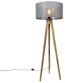 Candeeiro de pé rústico tripé vintage madeira com cúpula cinzento escuro 50 cm - Tripod Classic Rústico