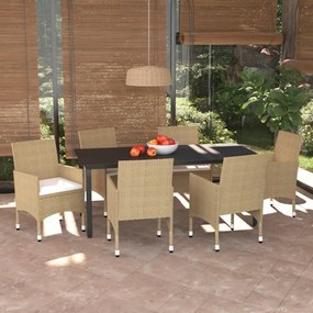 vidaXL 7 pcs conjunto jantar p/ jardim c/ almofadões vime PE bege