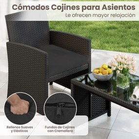 Conjunto de jardim em rattan com 4 peças: sofás de 2 lugares, mesa de vidro temperado e almofadas para exterior, varanda ou piscina, Preto+Preto