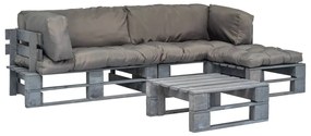 vidaXL Conj. lounge de paletes 4 pcs com almofadões cinzentos madeira