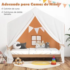 Tenda Infantil com Tapete Lavável e Janelas Estrutura em Madeira Maciça 131 x 91 x 131 cm Castanho Claro