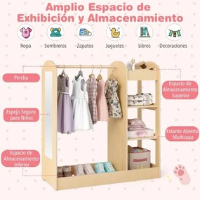 Guarda roupa para crianças com espelho, cabideiro, armário para guardar brinquedos e fantasias 93,5 x 38 x 100 cm Natural