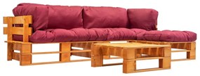 Sofás de paletes jardim 4 pcs almofadões vermelhos madeira