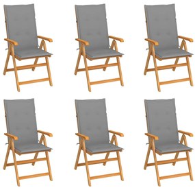 vidaXL Cadeiras de jardim c/ almofadões cinzentos 6 pcs teca maciça
