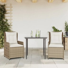 3 pcs conjunto de jantar p/ jardim com almofadões vime PE bege