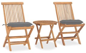 vidaXL 3 pcs conj. jantar dobrável exterior c/ almofadão teca maciça