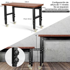 Bancada de trabalho ajustável 120 cm com rodas universais com travão de metal Bambu Café