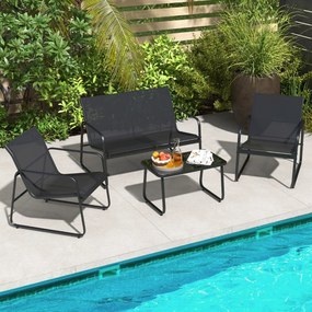 Conjunto Jardim de 4 peças com mesa de centro em vidro temperado Tecido respirável Estrutura em metal inoxidável Preto