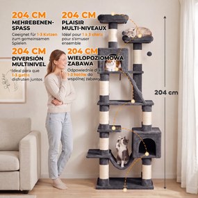 Árvore Arranhadora para Gatos 204 cm Multinível com 2 Tocas Rede 2 Camas Postes de Sisal Escada e 2 Bolas Cinza Escuro