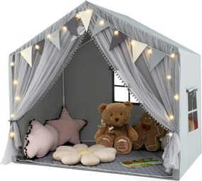 Tenda infantil 146 x 96 x 133 cm com 2 cortinas de tecido e malha, luzes de estrelas, 2 janelas respiráveis e almofada de algodão cinzenta