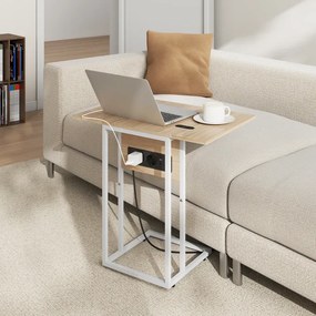 Mesa Auxiliar com Estação de Carga com Tampo Dobrável e Pés Ajustáveis 39x29x57 cm Branco e Madeira