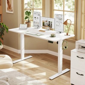 Secretária elétrica 140 x 60 x (72-120) cm com função de memória e 4 alturas, branca